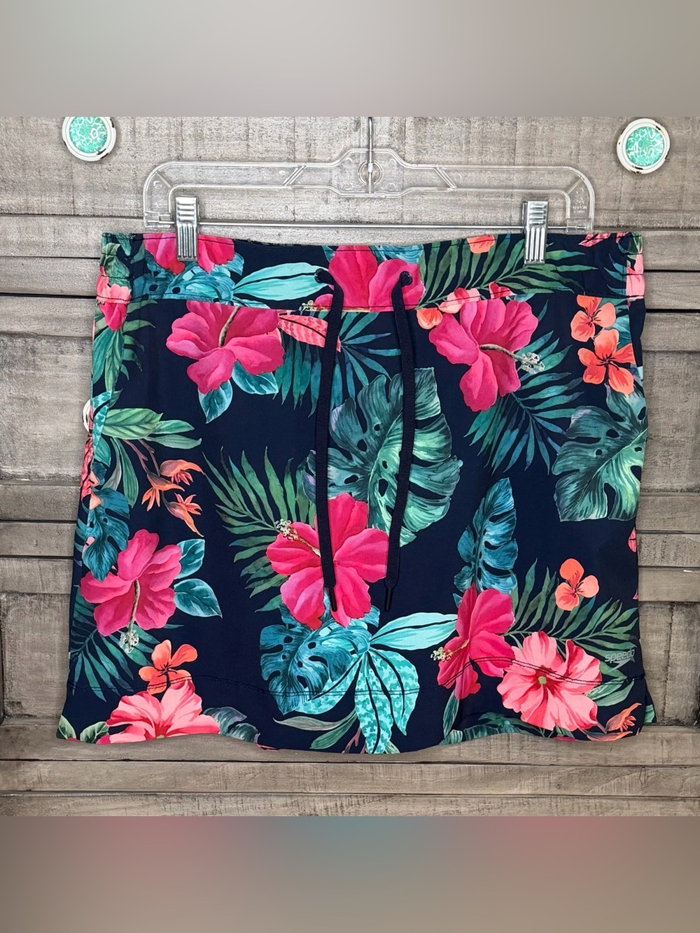 Speedo Woman's Woven Navy Tropical/Floral Swim Skort With Drawstring - Size L